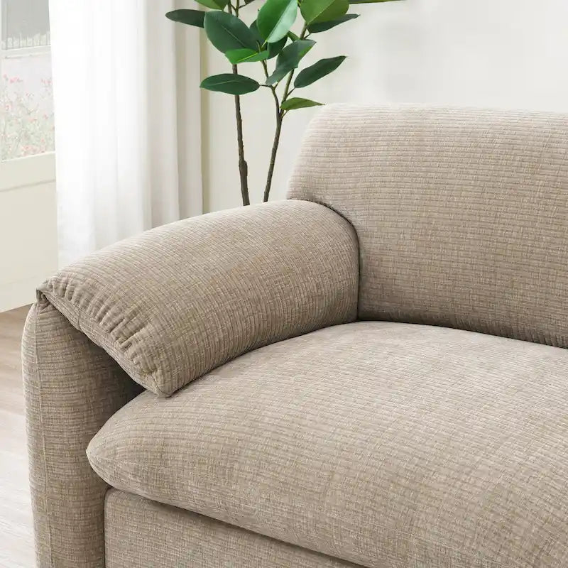 Divano componibile angolare a U in ciniglia color cachi chiaro e beige / grigio-azzurro, modulare a 6 posti