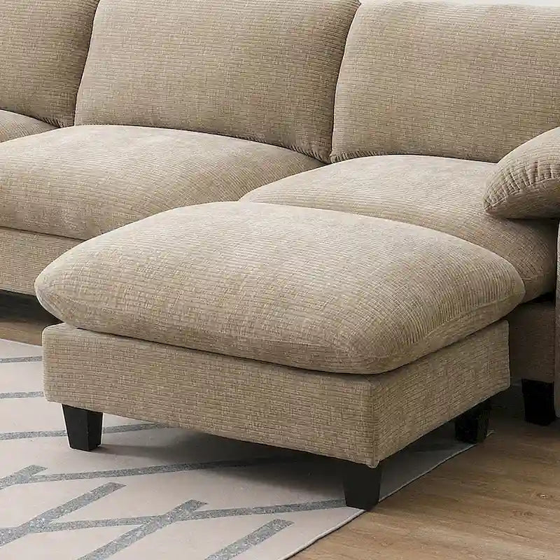 Divano componibile angolare a U in ciniglia color cachi chiaro e beige / grigio-azzurro, modulare a 6 posti
