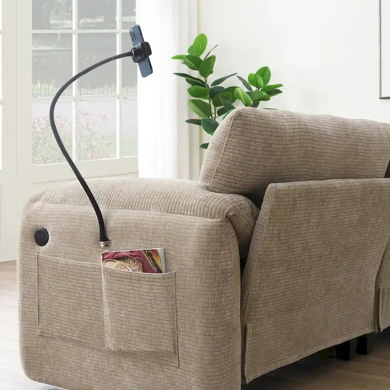 Divano componibile angolare a U in ciniglia color cachi chiaro e beige / grigio-azzurro, modulare a 6 posti