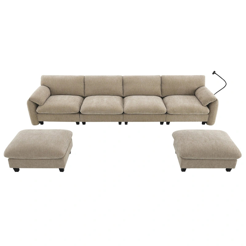 Divano componibile angolare a U in ciniglia color cachi chiaro e beige / grigio-azzurro, modulare a 6 posti
