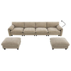 Divano componibile angolare a U in ciniglia color cachi chiaro e beige / grigio-azzurro, modulare a 6 posti