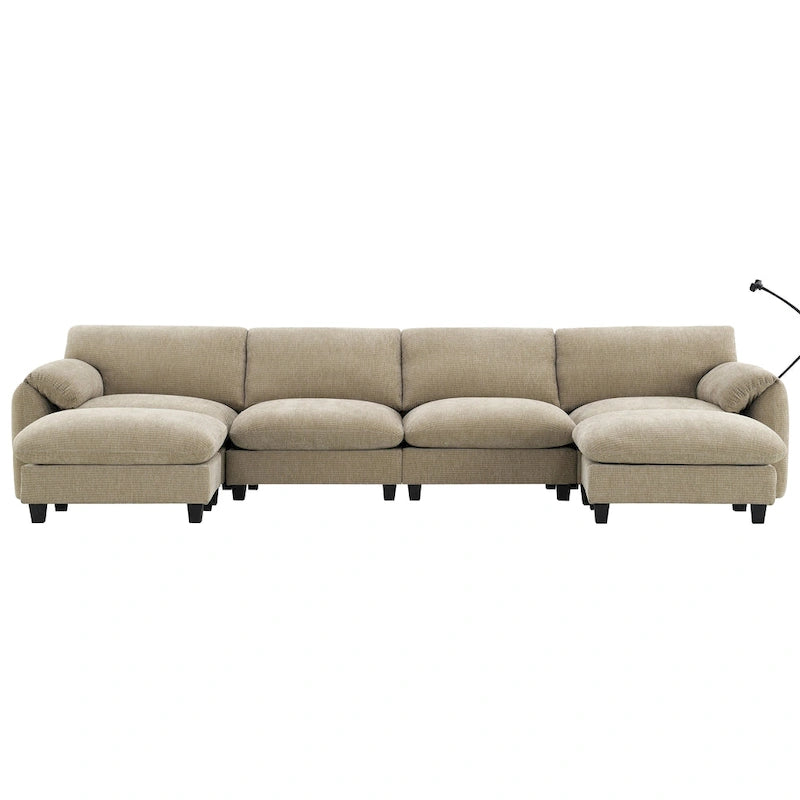 Divano componibile angolare a U in ciniglia color cachi chiaro e beige / grigio-azzurro, modulare a 6 posti