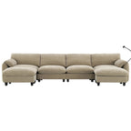 Divano componibile angolare a U in ciniglia color cachi chiaro e beige / grigio-azzurro, modulare a 6 posti