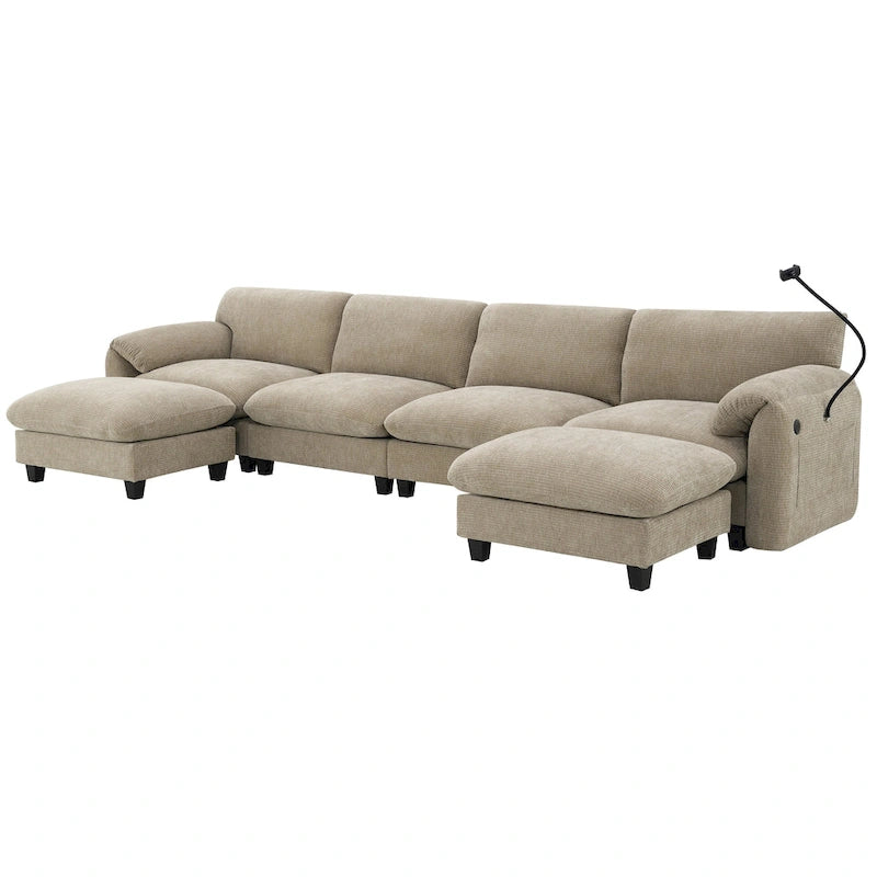 Divano componibile angolare a U in ciniglia color cachi chiaro e beige / grigio-azzurro, modulare a 6 posti