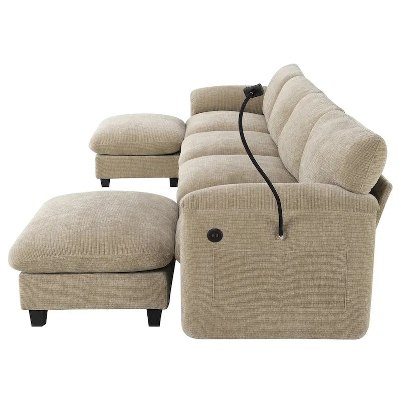Divano componibile angolare a U in ciniglia color cachi chiaro e beige / grigio-azzurro, modulare a 6 posti