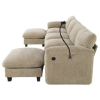 Divano componibile angolare a U in ciniglia color cachi chiaro e beige / grigio-azzurro, modulare a 6 posti