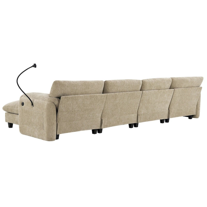 Divano componibile angolare a U in ciniglia color cachi chiaro e beige / grigio-azzurro, modulare a 6 posti