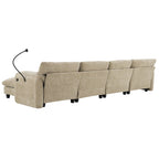 Divano componibile angolare a U in ciniglia color cachi chiaro e beige / grigio-azzurro, modulare a 6 posti