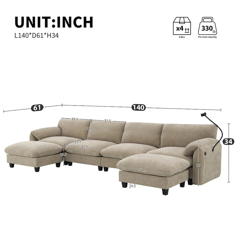 Divano componibile angolare a U in ciniglia color cachi chiaro e beige / grigio-azzurro, modulare a 6 posti