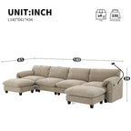Divano componibile angolare a U in ciniglia color cachi chiaro e beige / grigio-azzurro, modulare a 6 posti