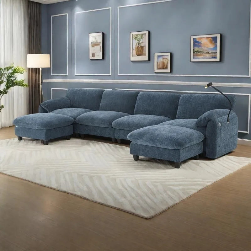 Divano componibile angolare a U in ciniglia color cachi chiaro e beige / grigio-azzurro, modulare a 6 posti