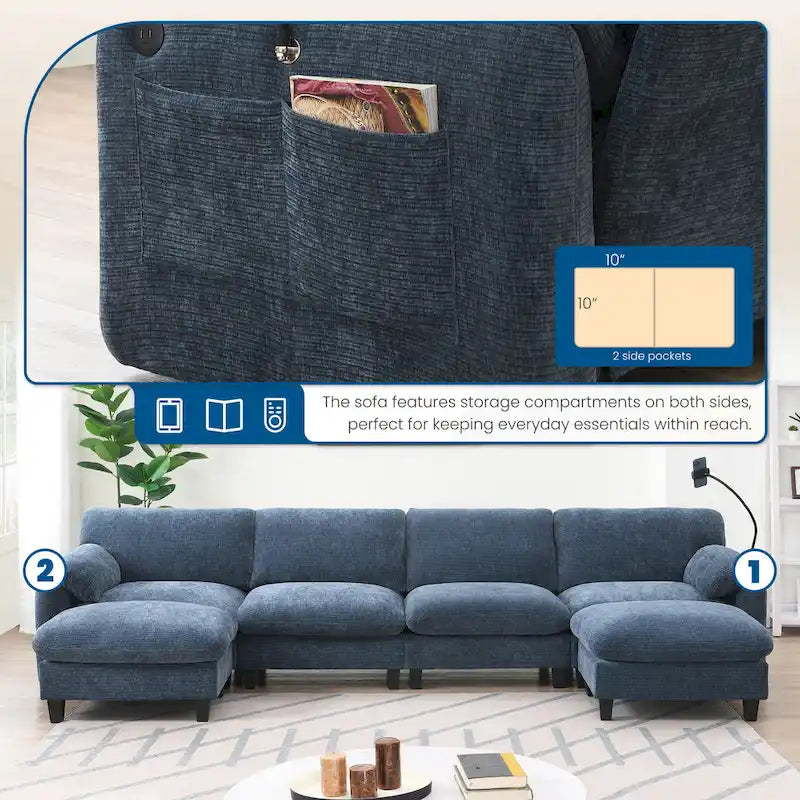 Divano componibile angolare a U in ciniglia color cachi chiaro e beige / grigio-azzurro, modulare a 6 posti