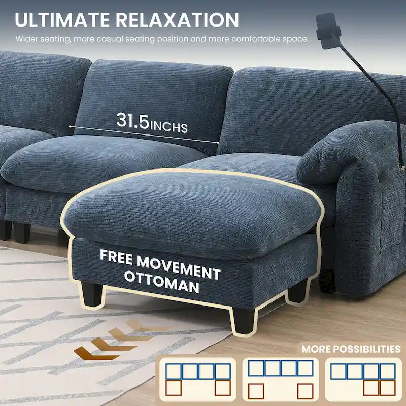 Divano componibile angolare a U in ciniglia color cachi chiaro e beige / grigio-azzurro, modulare a 6 posti