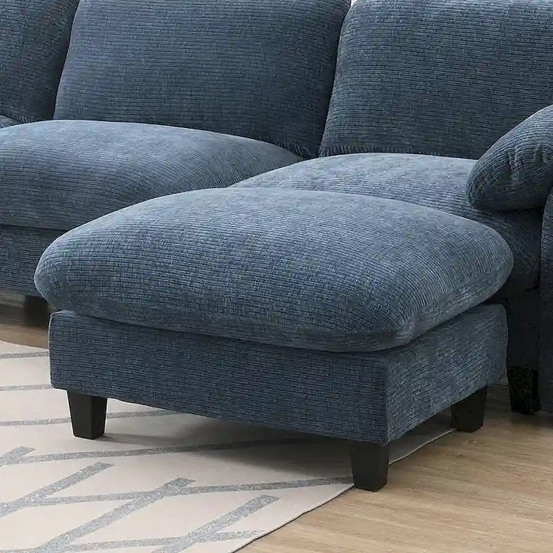 Divano componibile angolare a U in ciniglia color cachi chiaro e beige / grigio-azzurro, modulare a 6 posti