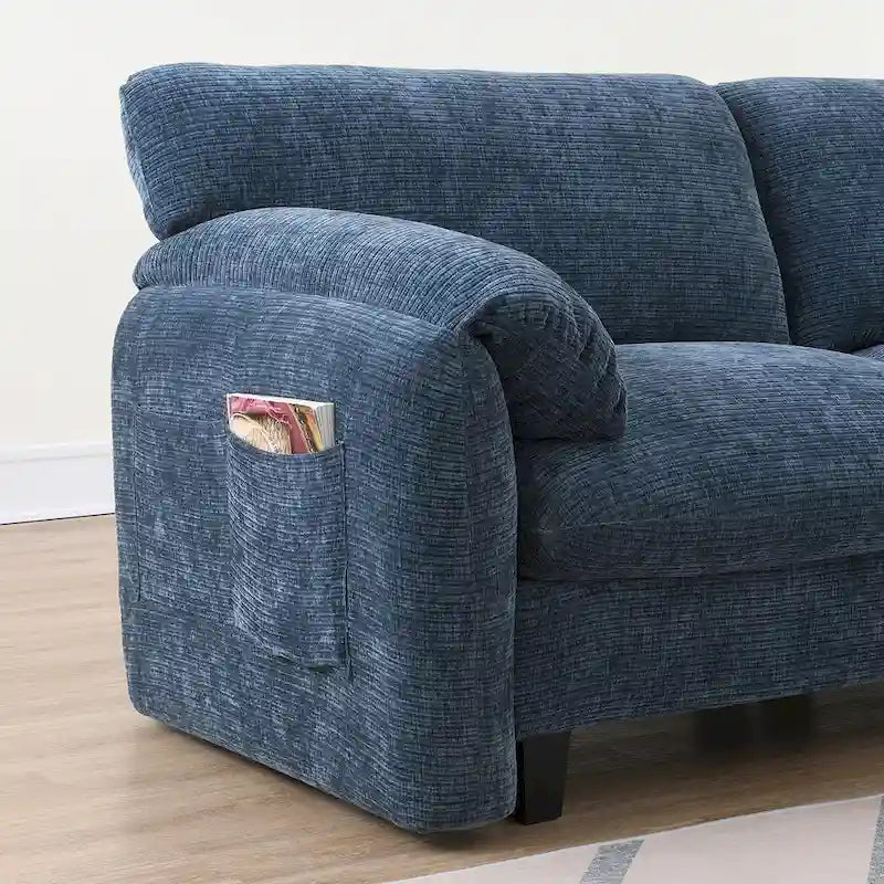 Divano componibile angolare a U in ciniglia color cachi chiaro e beige / grigio-azzurro, modulare a 6 posti