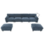 Divano componibile angolare a U in ciniglia color cachi chiaro e beige / grigio-azzurro, modulare a 6 posti