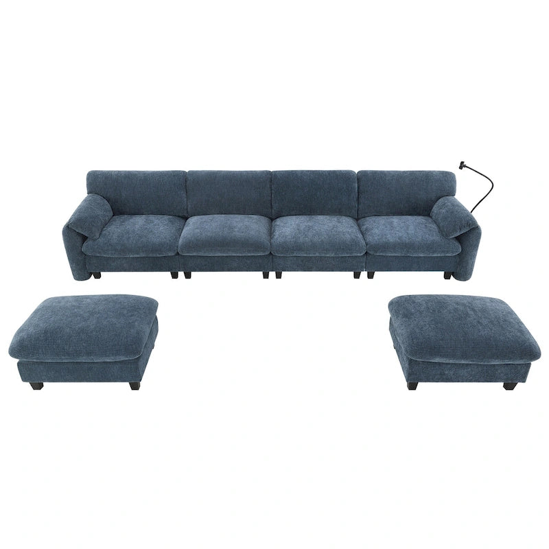 Divano componibile angolare a U in ciniglia color cachi chiaro e beige / grigio-azzurro, modulare a 6 posti