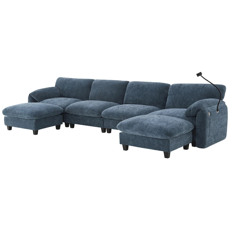 Divano componibile angolare a U in ciniglia color cachi chiaro e beige / grigio-azzurro, modulare a 6 posti