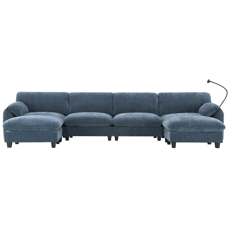 Divano componibile angolare a U in ciniglia color cachi chiaro e beige / grigio-azzurro, modulare a 6 posti