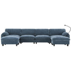 Divano componibile angolare a U in ciniglia color cachi chiaro e beige / grigio-azzurro, modulare a 6 posti
