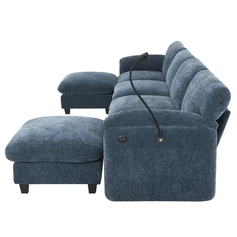 Divano componibile angolare a U in ciniglia color cachi chiaro e beige / grigio-azzurro, modulare a 6 posti