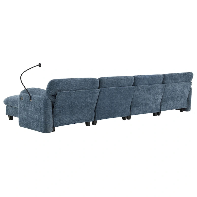 Divano componibile angolare a U in ciniglia color cachi chiaro e beige / grigio-azzurro, modulare a 6 posti