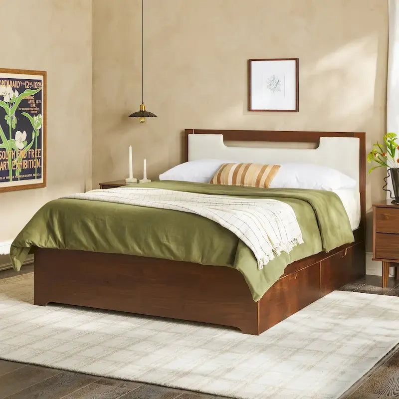 Letto a piattaforma contenitore Mid Century Modern in noce con cassetti, matrimoniale, 2 posti letto
