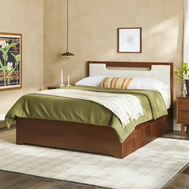 Letto a piattaforma contenitore Mid Century Modern in noce con cassetti, matrimoniale, 2 posti letto