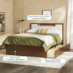 Letto a piattaforma contenitore Mid Century Modern in noce con cassetti, matrimoniale, 2 posti letto