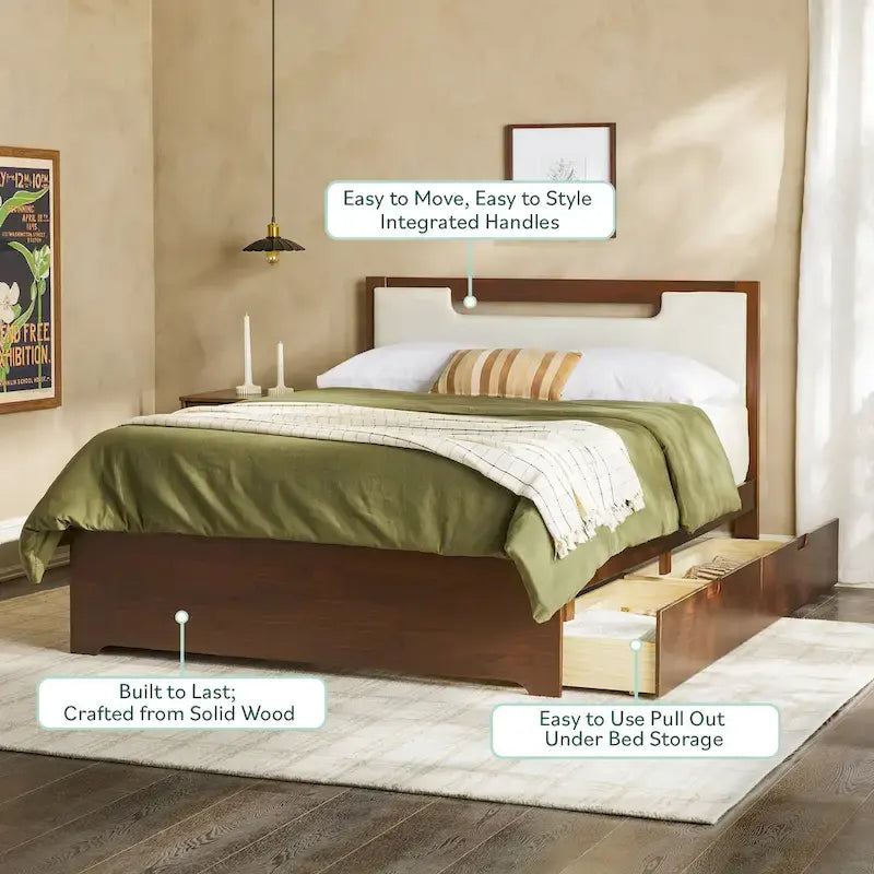 Letto a piattaforma contenitore Mid Century Modern in noce con cassetti, matrimoniale, 2 posti letto