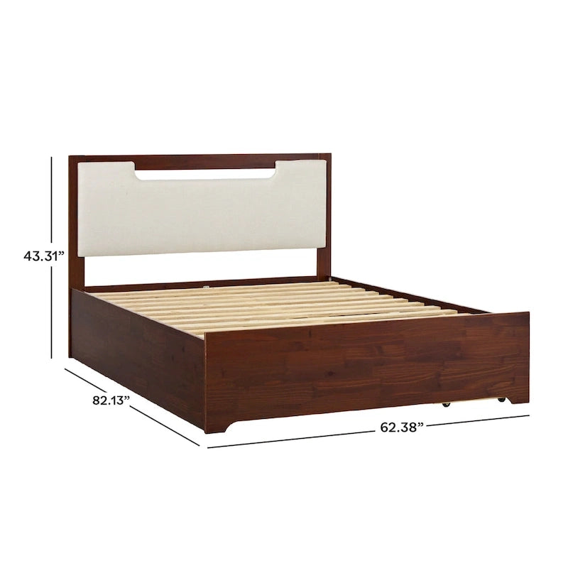 Letto a piattaforma contenitore Mid Century Modern in noce con cassetti, matrimoniale, 2 posti letto