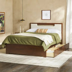 Letto a piattaforma contenitore Mid Century Modern in noce con cassetti, matrimoniale, 2 posti letto