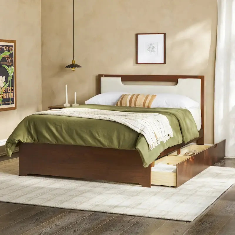 Letto a piattaforma contenitore Mid Century Modern in noce con cassetti, matrimoniale, 2 posti letto