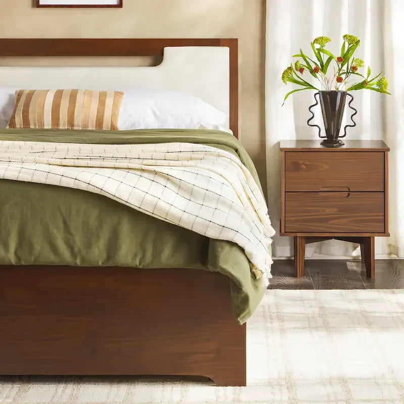 Letto a piattaforma contenitore Mid Century Modern in noce con cassetti, matrimoniale, 2 posti letto