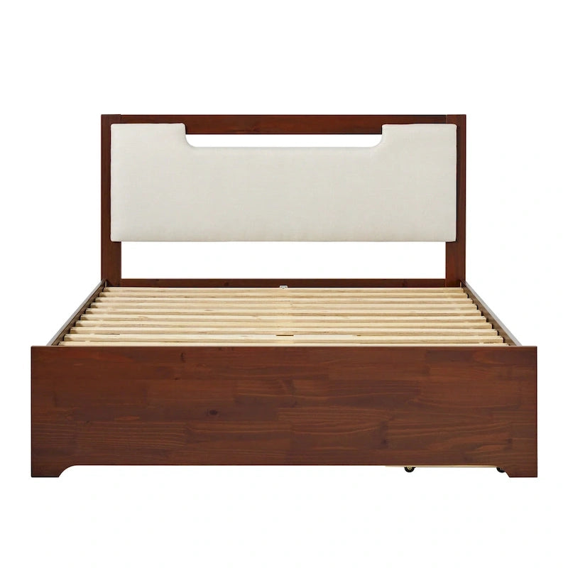 Letto a piattaforma contenitore Mid Century Modern in noce con cassetti, matrimoniale, 2 posti letto