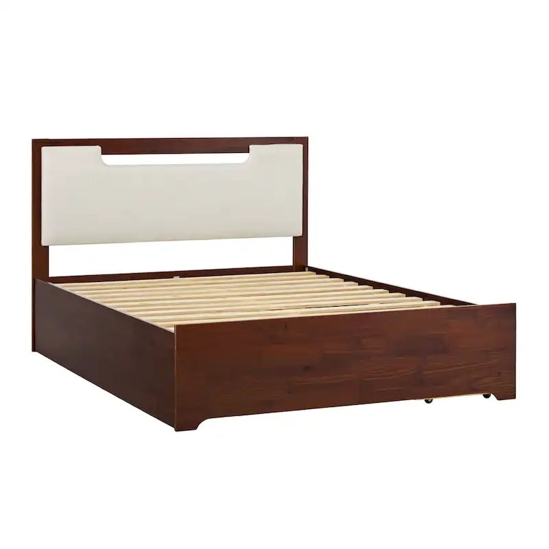 Letto a piattaforma contenitore Mid Century Modern in noce con cassetti, matrimoniale, 2 posti letto