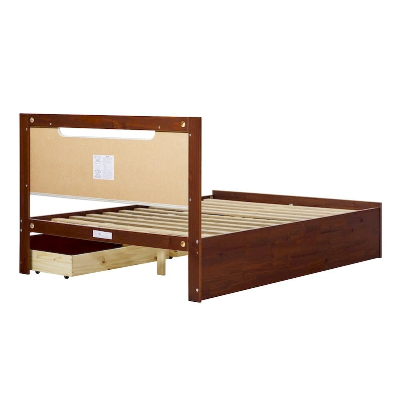 Letto a piattaforma contenitore Mid Century Modern in noce con cassetti, matrimoniale, 2 posti letto