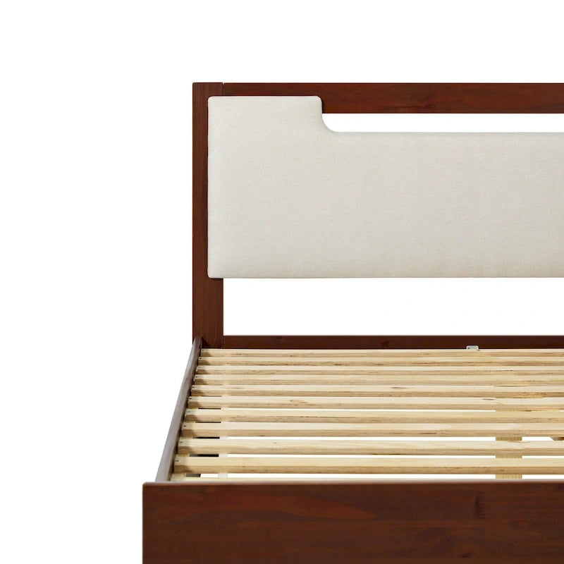 Letto a piattaforma contenitore Mid Century Modern in noce con cassetti, matrimoniale, 2 posti letto
