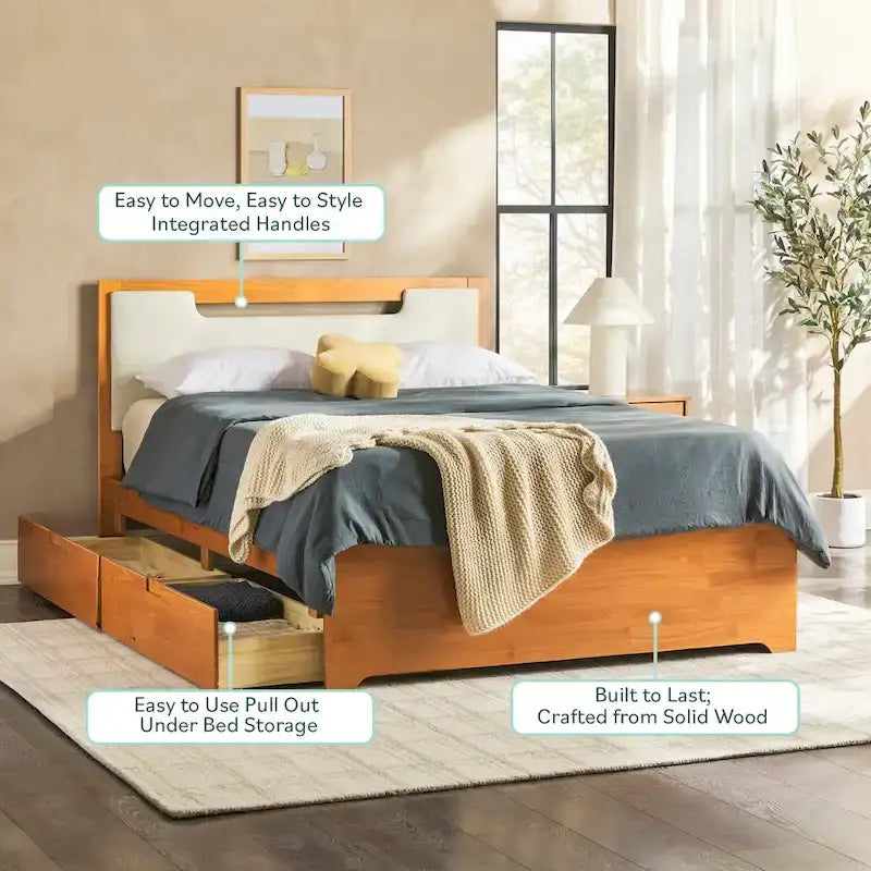 Letto a piattaforma contenitore Mid Century Modern in noce con cassetti, matrimoniale, 2 posti letto