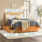 Letto a piattaforma contenitore Mid Century Modern in noce con cassetti, matrimoniale, 2 posti letto