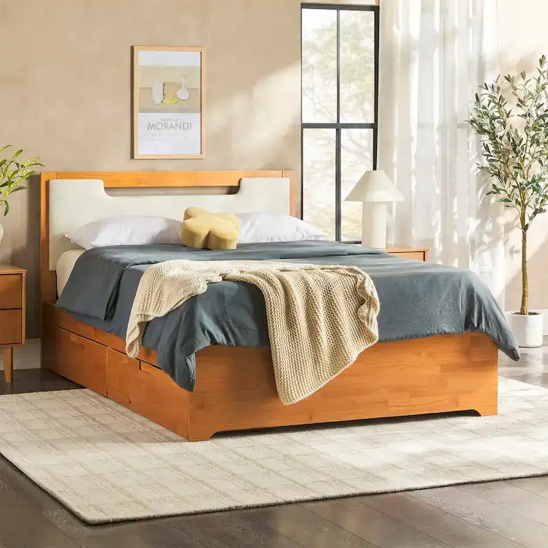 Letto a piattaforma contenitore Mid Century Modern in noce con cassetti, matrimoniale, 2 posti letto