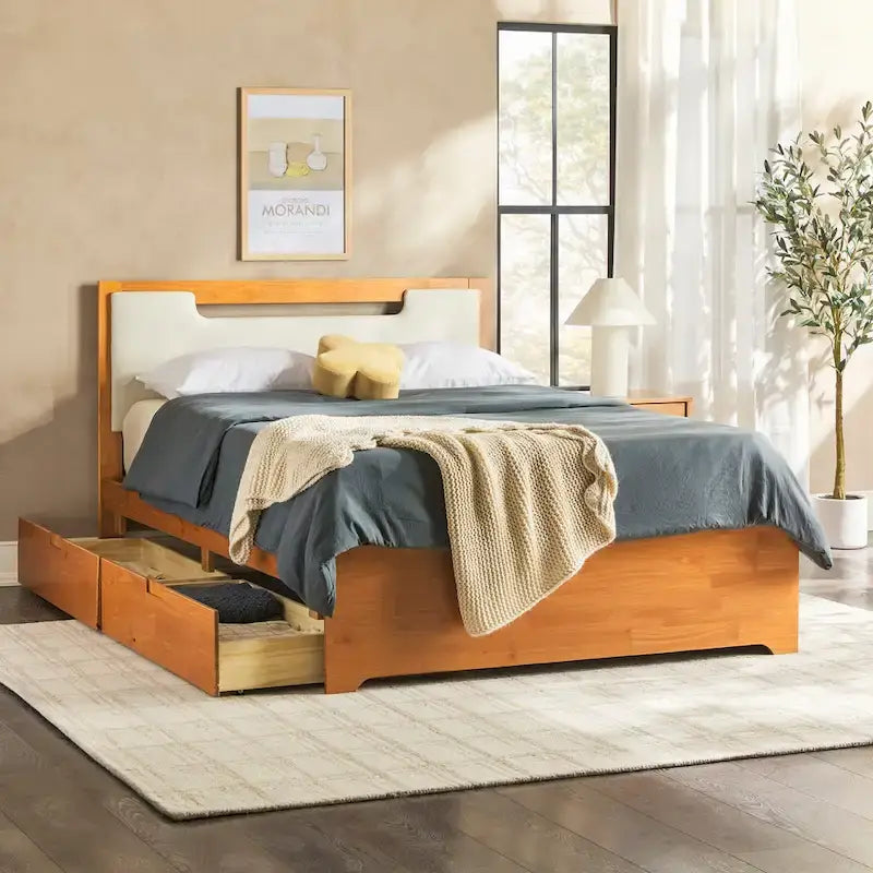 Letto a piattaforma contenitore Mid Century Modern in noce con cassetti, matrimoniale, 2 posti letto