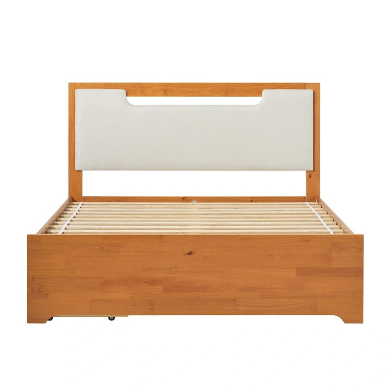 Letto a piattaforma contenitore Mid Century Modern in noce con cassetti, matrimoniale, 2 posti letto