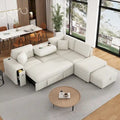 Divano componibile a L beige/grigio con letto estraibile, porte USB e pouf, 3 posti