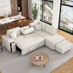 Divano componibile a L beige/grigio con letto estraibile, porte USB e pouf, 3 posti