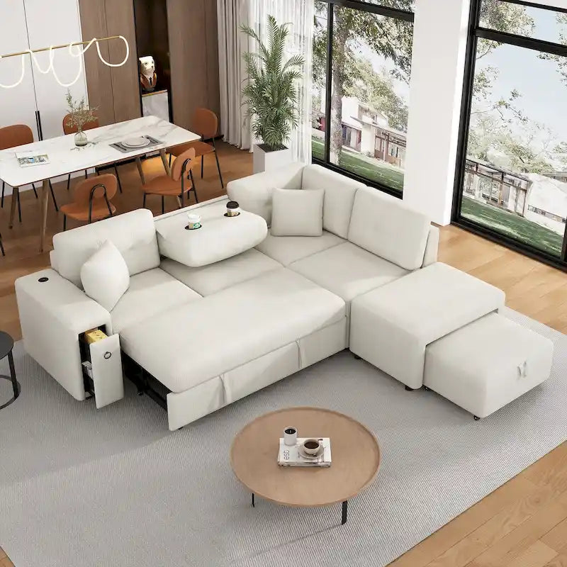 Divano componibile a L beige/grigio con letto estraibile, porte USB e pouf, 3 posti
