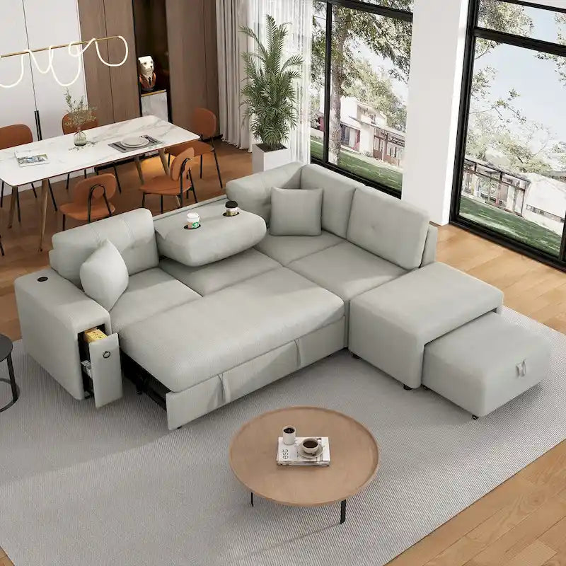 Divano componibile a L beige/grigio con letto estraibile, porte USB e pouf, 3 posti