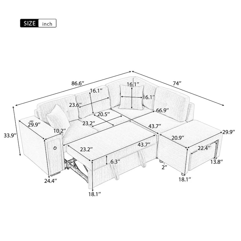 Divano componibile a L beige/grigio con letto estraibile, porte USB e pouf, 3 posti