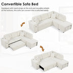 Divano componibile a L beige/grigio con letto estraibile, porte USB e pouf, 3 posti
