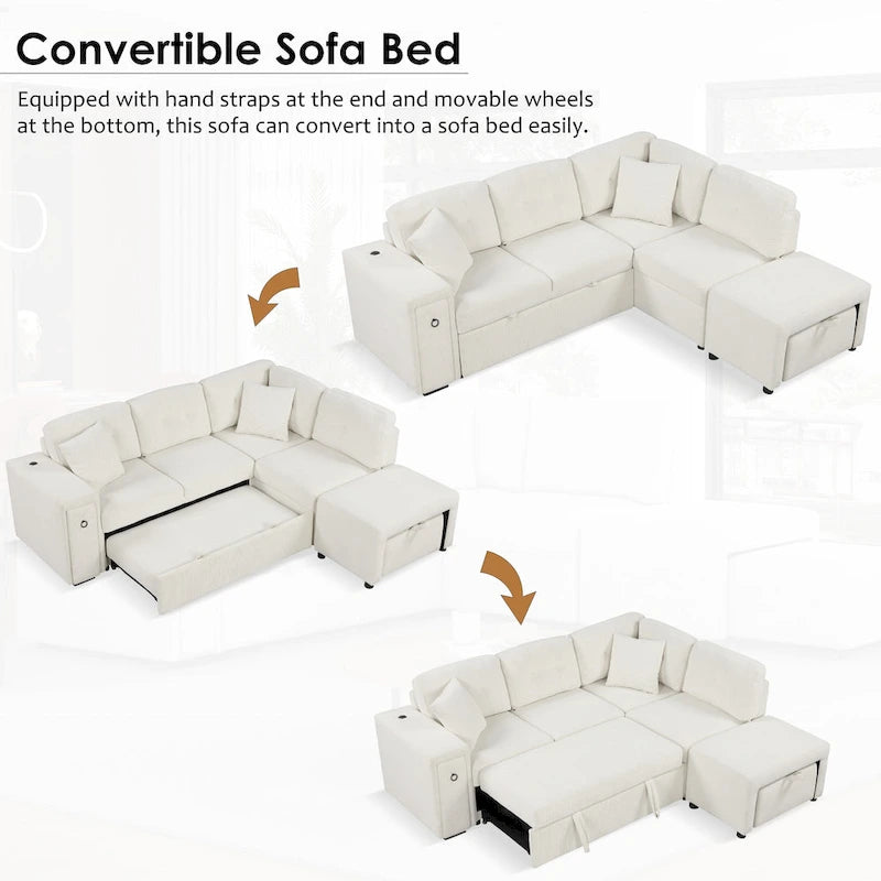 Divano componibile a L beige/grigio con letto estraibile, porte USB e pouf, 3 posti